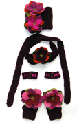 Halsdukar med pannband benvärmare och pulsvärmare i vinrött med blommor