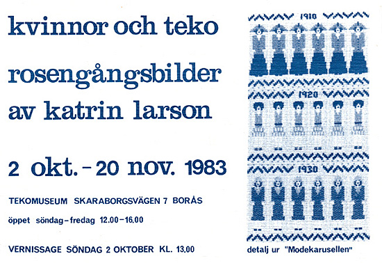 Inbjudningskortet till min utstllning Kvinnor och Teko p Tekomuseum i Bors 1983. textilkonstnr katrin bawah.